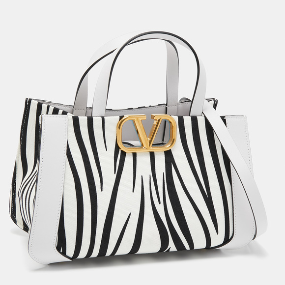 VALENTINO White/Black Zebra Print Canvas and Leather Small VLogo Tote - Picture 3 of 8